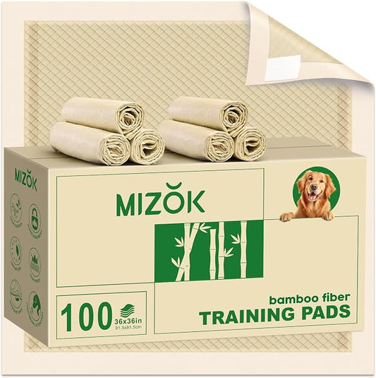 MIZOK Pee Pads for Dogs 36x36in Bamboo Dog Pads Super Absorbent Odor Eliminating Leak-Proof, XXL Dog Pee Pads with Adhesive Tabs for Large Breeds, Disposable (100 Count)