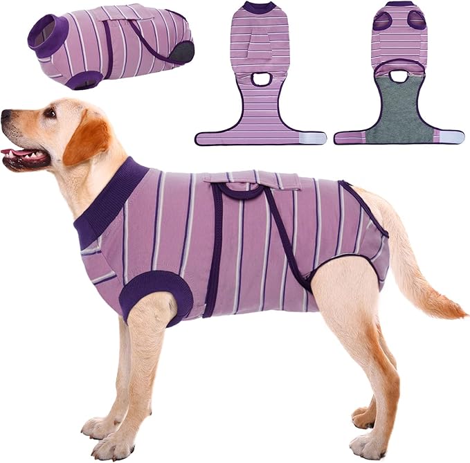 Kuoser Dog Surgery Recovery Suit, Soft Breathable Dog Recovery Suit for Female Spay Male Nueuter, Anti Licking Puppy Onesie Pet Surgical Suit for Dogs Abdominal Wounds Skin Disease, Purple Strips 2XL