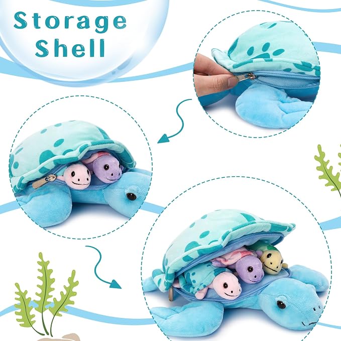 Muiteiur 4-in-1 Sea Turtle Stuffed Animal with Babies Inside, 12.6" Soft Mommy Turtle Plush Toy with 3 Babies, Blue Stuffed Marine Life for Kids Girl Boy