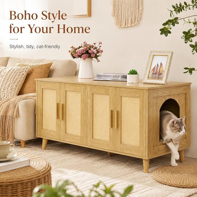 Homhedy Boho Cat Litter Box Enclosure for 2 Cats, Wooden Cat Washroom Furniture with Double Rattan Decorated Doors, Pet House,47.2”L x 19.7”W x 21.7”H, Natural