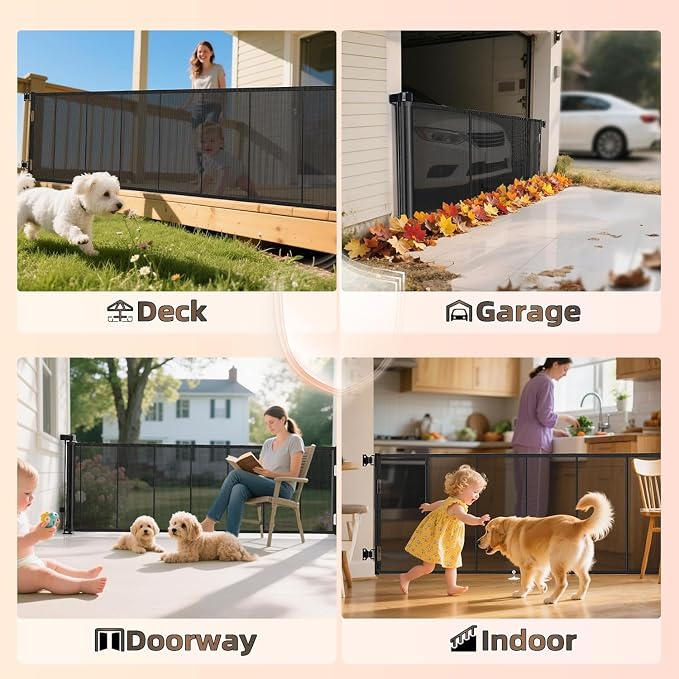 Miumoon 100 inch Retractable Baby Gates 34 inch Tall, Retractable Gate with Reinforced Strip Design to Prevent Crawling Through, 8 FT Extra Wide Retractable Dog Gate for Indoor/Outdoor