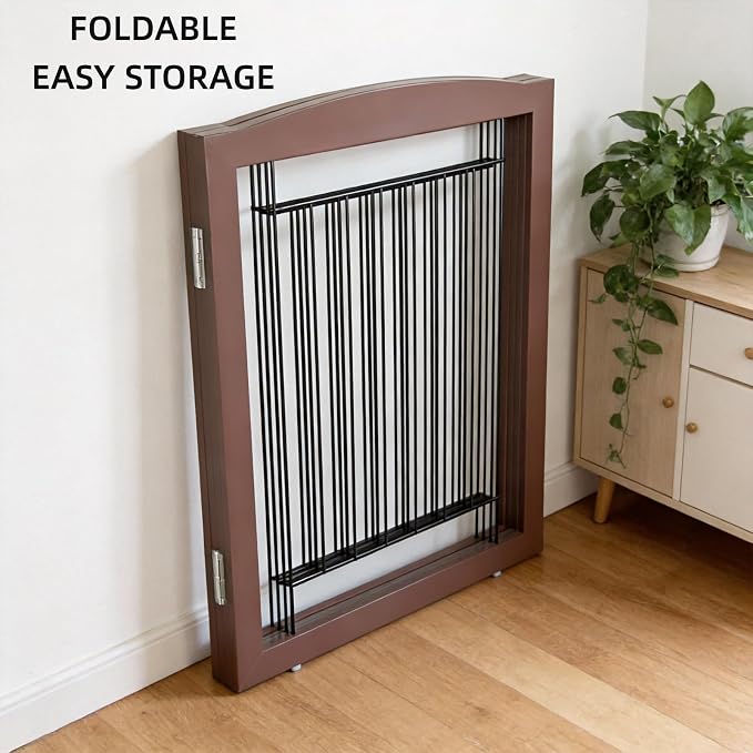 ZJSF Freestanding Dog Fence Indoor, Foldable Dog Gate for Doorways, Stairs or Hallways, Sturdy Wood Extra Wide Pet Gate with Support Feet for The House, Brown, 24 "Height-3 Panels