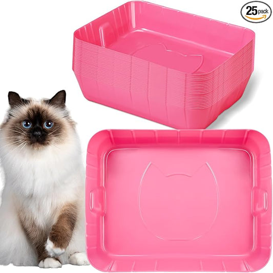 Bokon 25 Count Disposable Litter Box for Cat, Large Disposable Litter Tray for Travel Home Durable Portable Plastic Kitty Litters Boxes Leak-Resistant Easy-Grip Rim, 15.7 x 11.8 x 3 Inches(Pink)