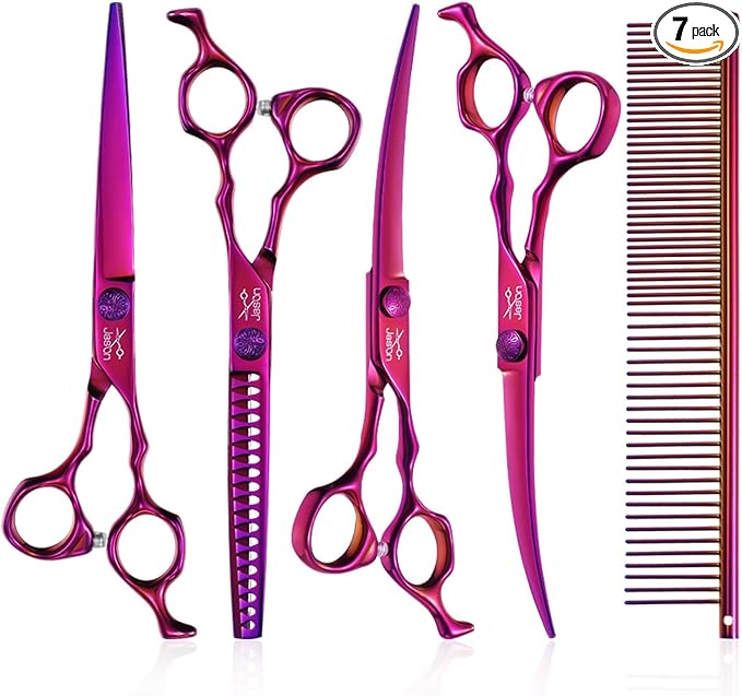 JASON Dog Grooming Scissors Set - Professional 6 in 1 Dog Shears Set - 7" Chunker, 7" Straight, 7" Up-Curved, 7" Down-curved Scissors and Comb for Cat Pet with Adjustable Screw Christmas Gift
