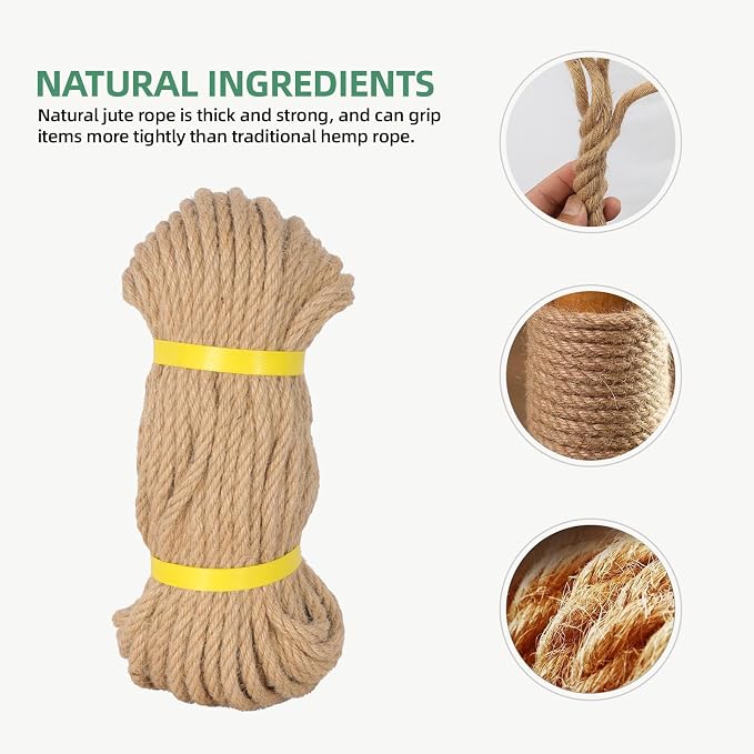 Jute Rope 1/4in100ft Natural Material Heavy Duty Jute Rope Twisted for Indoor Outdoor Crafts, Nautical, Tug of War, Railing, Hammock, Swing, Gardening