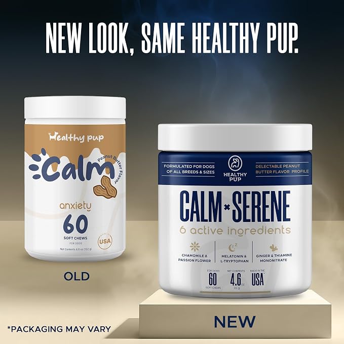 Healthy Pup Calming Chews for Dogs with Melatonin - 60 Delicious Soft Treats for Dog Anxiety Relief for Large and Small Dogs - Peanut Butter Flavor - Includes Chamomile, Thiamine, L-Tryptophan