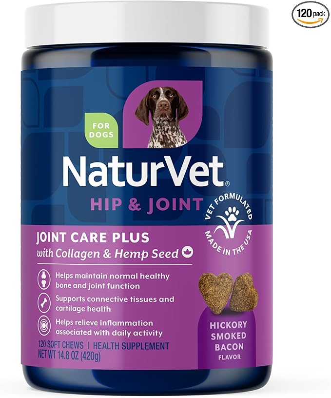 NaturVet Hemp Advanced Joint Health Dog Supplement Soft Chews –Helps Support Joint Health in Dogs – Includes Hemp Seed, Collagen, Glucosamine, MSM, Chondroitin, Omegas – 120 Ct.