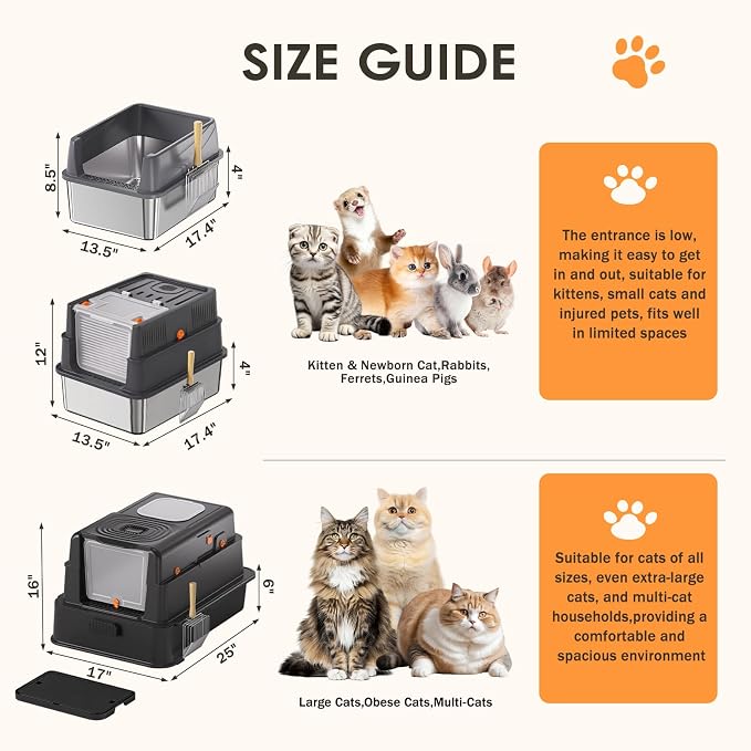 Stainless Steel Litter Box with Lid: Enclosed Cat Litter Box for Small Cats & Kitten, Metal Kitty Litter Pan with High Sided Enclosure, Include Scoop & Mat, Odor Control, Anti-Leakage
