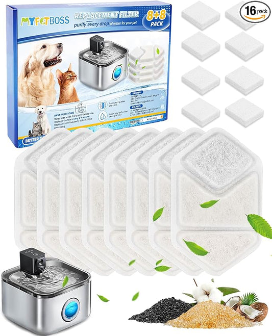 Cat Water Fountain Filter Replacement Compatible with Speedeer Wireless Cat Water Fountain Stainless Steel Filters 135oz/4L ZTI0506, Multi-Layer Filtration System, 8+8 Pack