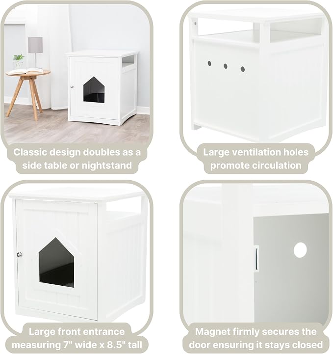 Trixie Furniture Litter Box Enclosure (White) Hidden Litter Box for Cats with Shelf, Classic Style, Big Front Door for Easy Cleaning, Large Hole for Convenient Entry, Use As Side Table or Nightstand