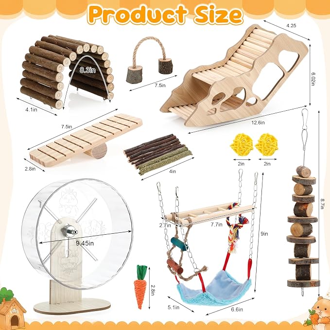 11 Pcs Hamster Cage Accessories Set, Bridge, Exercise Wheel, Swing, Chew Toys & More, Natural Wood Hamster Play Set for Dwarf Hamsters, Mice Small Animals Habitat (Maze Tunnel)