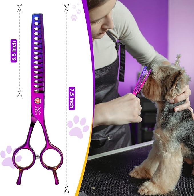 JASON 7" Dog Grooming Scissor - Professional Chunker Shear with Ergonomic Handle Japanese Stainless Steel Hair Scissor for Dogs, Cats and Other Pets, Sharp (Chunker, Purple) Christmas Gift