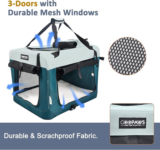 JESPET Soft Dog Crates Kennel for Pets, 3 Door Soft Sided Folding Travel Pet Carrier with Straps and Fleece Mat for Dogs, Cats (8-Teal Blue, Small(24" L x 16.5" W x 16.5" H))