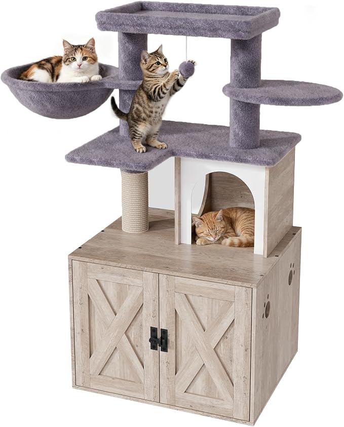 Cat Tree with Litter Box Enclosure, Hidden Litter Box Furniture with Cat Tower, Cat Tree with with Sisal Scratching Post,Hammocks,Condo,Multiple Platform,Soft Plush Perch, Grey