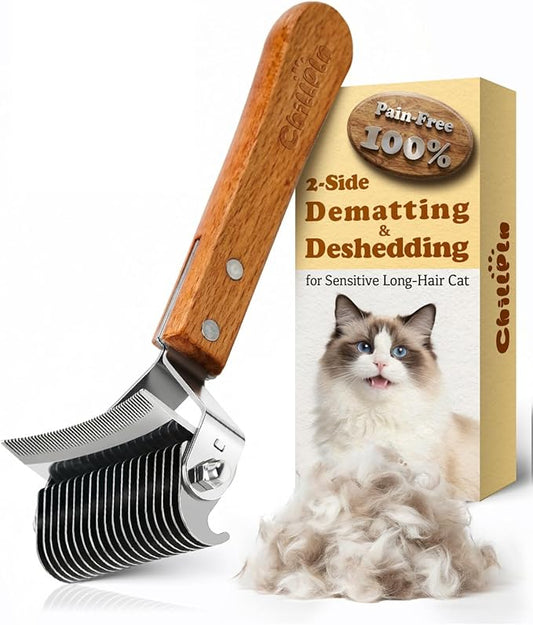 Cat Brush for Long Haired Cats - Double Sided | Professional Dematting Undercoat Rake for Ragdoll & Maine Coon Long Hair Cats - Safely Remove Mats, Tangles & Shedding