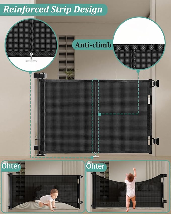 Miumoon 59 inch Retractable Baby Gates 34 inch Tall, Retractable Gate with Reinforced Strip Design to Prevent Crawling Through, 5 FT Retractable Dog Gate for Stairs, Doorways, Hallways, Indoor/Outdoor
