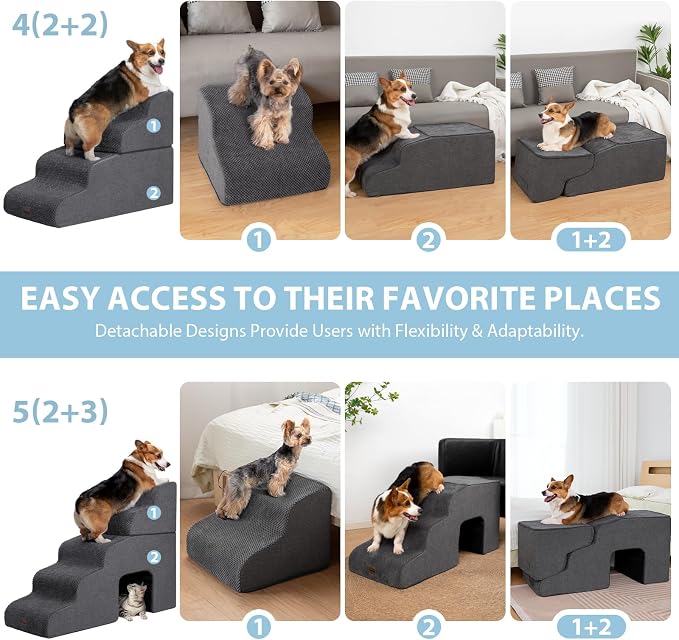Garnpet Dog Stairs for High Beds, 4-Step Dog Steps for Small Dogs and Cats, Foldable Pet Stairs for High Bed Climbing, Non-Slip Balanced Pet Step Indoor, Dark Grey