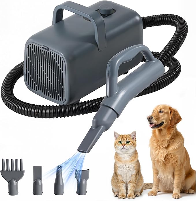 DUMOS Pet Blow Dryer Grooming Vacuum Kit, Dog Low Noise Hair Dryer with Adjustable Wind Speed & Heater Temperature, Cool-Warm-Hot Cycle Mode, 4 Nozzles, 6.5 FT Cord, Grey