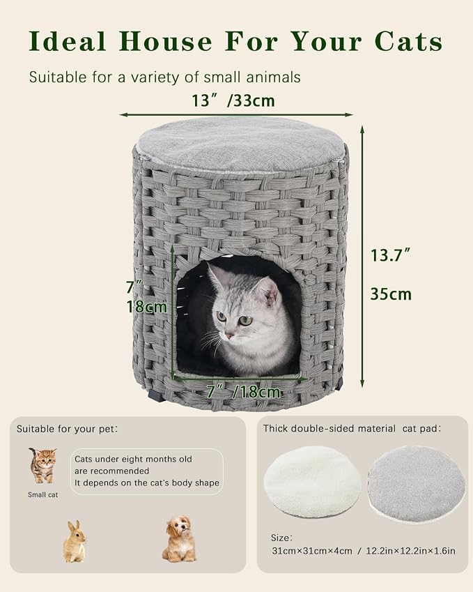 SETVSON Cat House for Indoor Cat, Small Cat Houses Handwoven PE Rattan Kitten Cave, Pet Kitten Bed Covered, One Bed Pad, 13 x 13 x 13.7 Inches, Foldable Hideaway in Living Room Gray