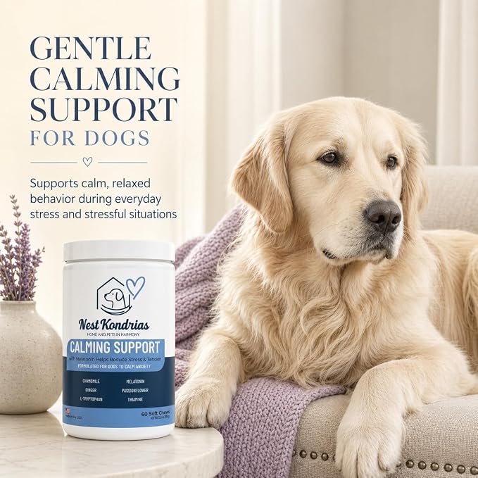 Calming Chews for Dogs – Soft Chews with Melatonin & Natural Calming Blend to Support Relaxed Behavior During Fireworks, Thunderstorms, Grooming & Travel, 60 Count