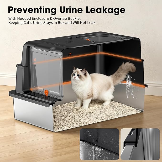 XXXL Stainless Steel Cat Litter Box – Extra Large Open High-Sided Metal Litter Tray, Top Entry Design, Removable Deep Pan for Easy Cleaning, Non-Stick, Anti-Leakage, Black