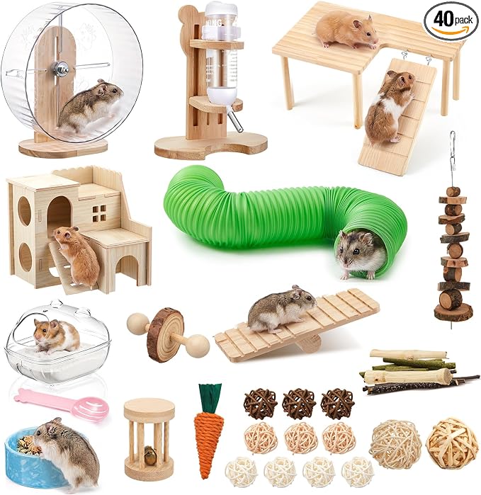 40 Pcs Hamster Cage Accessories, 9.5'' Exercise Wheel, Wood Platform Hideout House, Water Bottle, Sand Bath, Bowl, Chew Toys for Syrian Hamsters Mice Gerbils Habitat Decor(Fun Style)