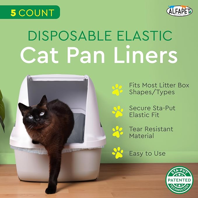 Alfapet Elastic Cat Litter Box Liners - Super Jumbo 5 Count - Tear-Resistant Cat Litter Bags, Waterproof Kitty Litter Liners - Fits Litterbox Pan Sizes X-Giant, Jumbo, 42" x 20" x 2 MIL 30 lb Capacity