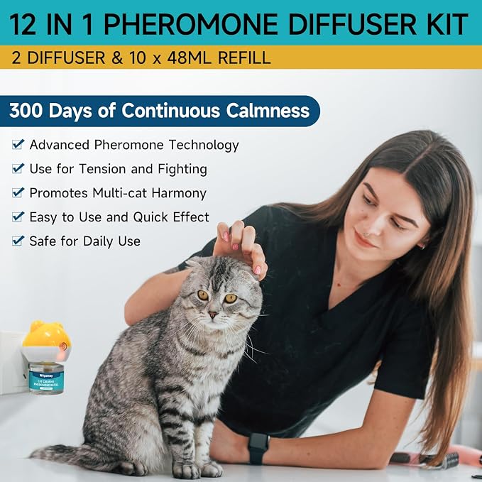 12-in-1 Cat Calming Diffuser - Cat Pheromones Calming Diffuser for Cat Anxiety Relief, Cat Pheromone Diffuser Kit with 2 Diffuser + 10 Refill 48ml Vial - 300 Days Pheromone Diffuser to Calm Cats
