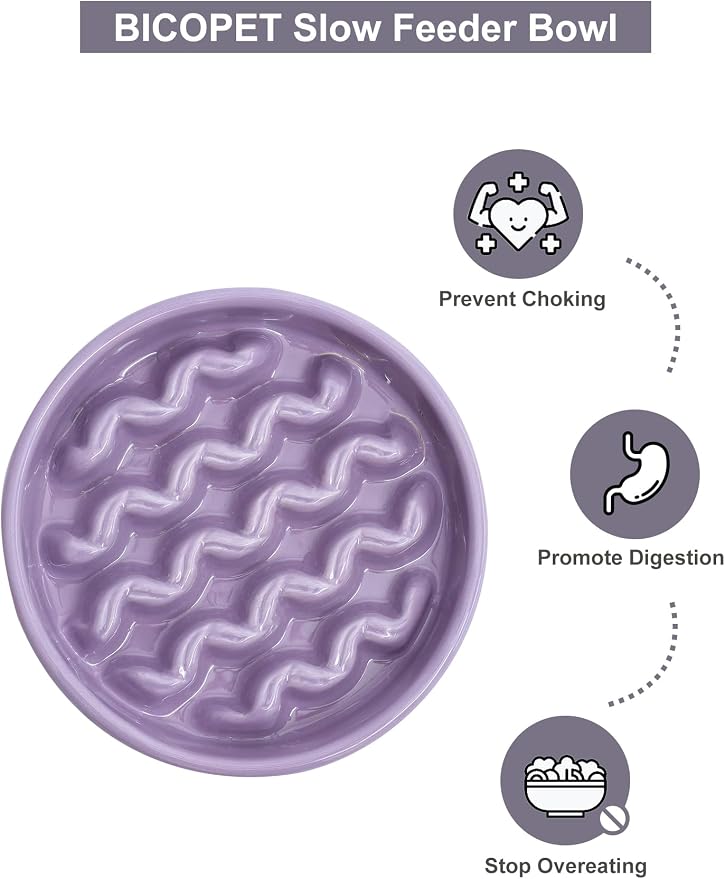 Ceramic Slow Feeder Dog Bowl, Maze Puzzle Non-Slip Silicone Base Stoneware Bowl for Small Medium Dogs, Heavy Duty Anti-Bloat Dog Food Bowl Dishwasher Safe – Purple, Medium