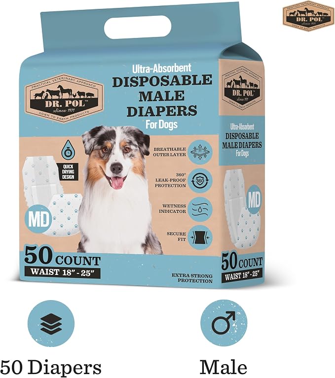 Dr Pol Dog Diapers for Male Dogs | Disposable Pet Diapers with Wetness Indicators | Adjustable Fit | Leak Protection & Super Absorbent | Perfect for Heat Cycles & Training Accidents | Pack of 50