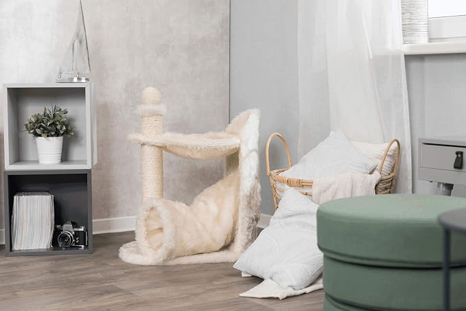 TRIXIE Baza Gandia Scratching Post – Cat Tower with Sisal Scratching Post, Cozy Condo & Padded Platform – Indoor Cat Furniture for Scratching & Climbing – Cream, 15.7" x 23.6" x 26.8"