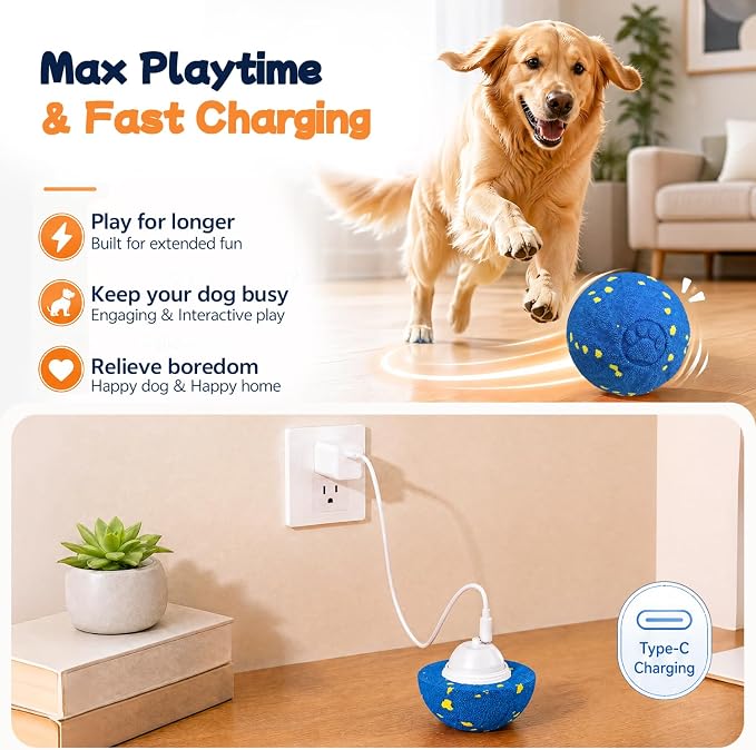 Smart Interactive Dog Toy Ball, 3 Automatic Bouncy Modes, Durable E-TPU Material for Chewing, Rechargeable and IPX7 Waterproof, Enrichment Toy for Medium and Large Dogs (Blue)