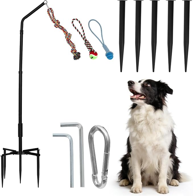 Tether Tug Outdoor Dog Toy,Tether Tug,Tether Dog Toy Rack with 3 Tug Rope Toys Adjustable Spring Pole,Interactive Pull Toy for Large Medium Small Dog Tether Tug of War Dog Chew Rope Toy