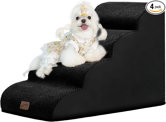 GoGoBunny Waterproof High Density Foam Curved Dog Stairs for High Beds Couches 19.7" H, 4-Step Ramp Dog Steps Friendly to Small Medium Dogs or Pets Joints, Non-Slip Balanced Durable Pet Step, Black