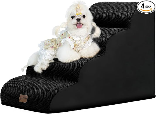GoGoBunny Waterproof High Density Foam Curved Dog Stairs for High Beds Couches 19.7" H, 4-Step Ramp Dog Steps Friendly to Small Medium Dogs or Pets Joints, Non-Slip Balanced Durable Pet Step, Black