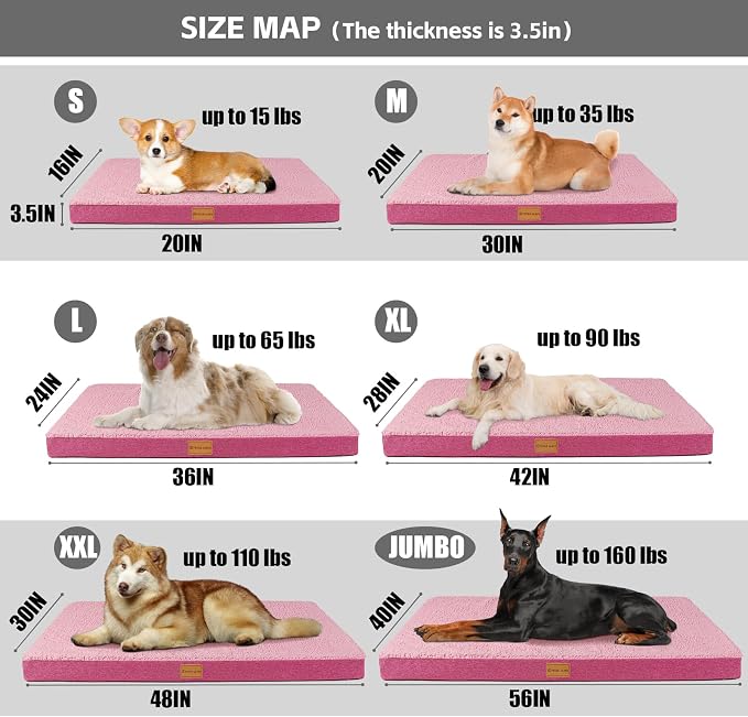 Patas Lague Orthopedic Jumbo Dog Bed for Large Sized Dog 56''X40'', Soft Waterproof Egg Crate Foam Large Pet Crate Beds Mat with Removable Washable Cover and Non-Slip Bottom, Pink