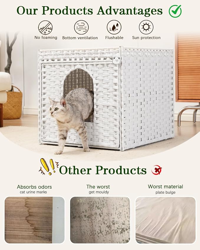 SETVSON Cat Litter Box Enclosure Furniture, Large Hidden Litter Box Furniture, Handwoven Rattan Cat House Cabinet, One Mat, Two S-Shaped Hooks, Living Room, Apartment 21.6 X 26 X 21.6 Inches, White