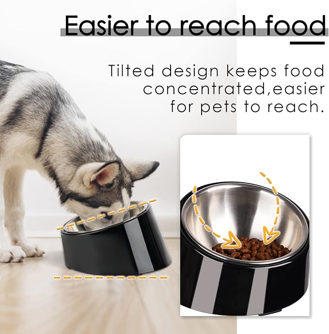 SuperDesign Mess Free 15° Slanted Bowl for Dogs and Cats, Tilted Angle Bulldog Bowl Dog Feeder, Non-Skid & Non-Spill, Easier to Reach Food M/1 Cup Dark Black