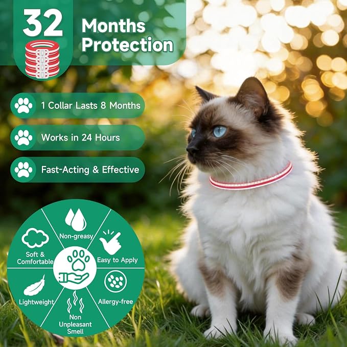 4 Pack Cat Flea Collars, Cat Flea and Tick Treatment, 32 Months Protection Flea and Tick Prevention for Cats, Waterproof Flea Collar for Cats, One Size Fits All, Red and White