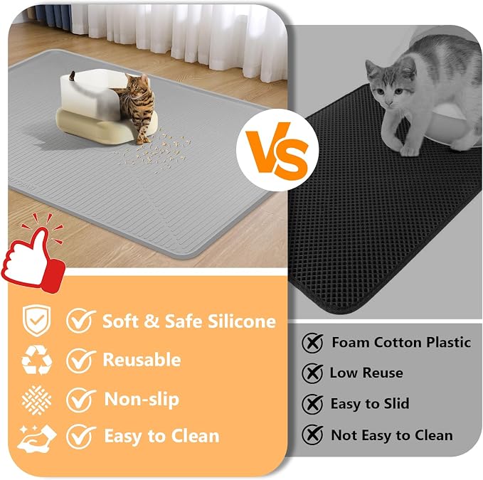 Silicone Cat Litter Mat, 45" x 30" Extra Large Litter Trapping Mat for Litter Box, Leak-Proof, Non-Slip, Kitty Litter Mats with Soft Texture for Floor, Keeping The Floor Clean (Light Grey)