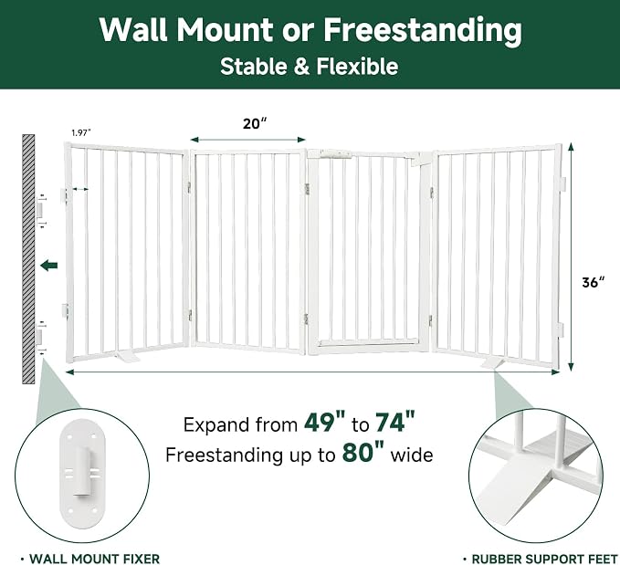 Snagle Paw Metal Freestanding Dog Gate with Door,80” W x 36” H Dog Fence with Support Feet for Doorways, Stairs and Hallways, Portable Pet Gate for Indoor Use (4 Panel, White)
