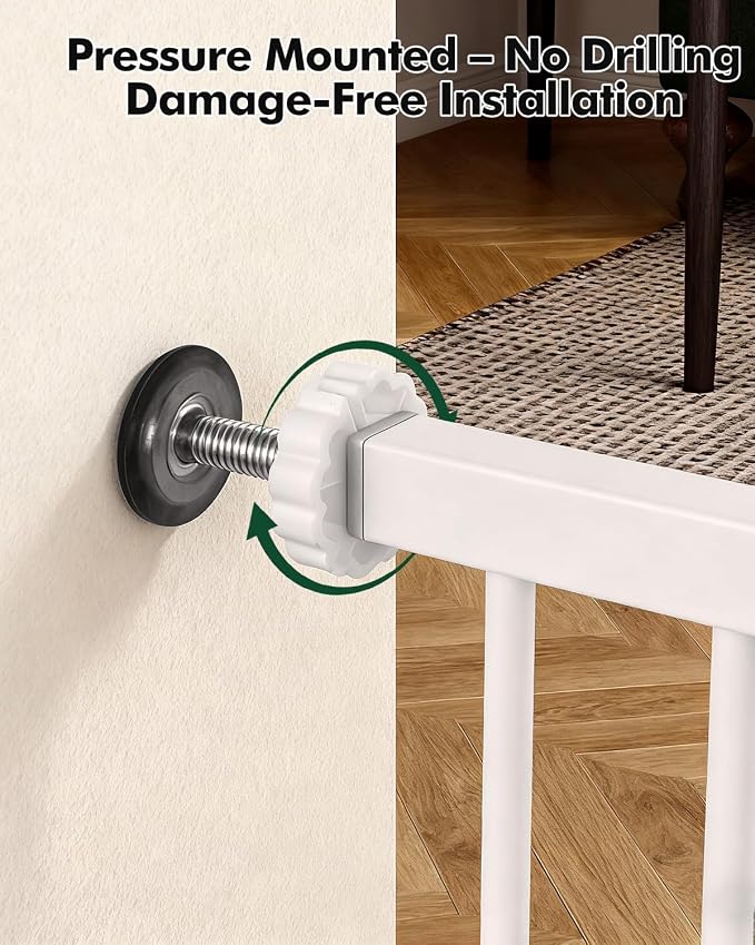 Pet Gate with Adjustable Cat Door, 31–46 Inch Pressure Mounted Dog Gate for Doorways, Stairs and Hallways, Auto Close Walk Through Metal Safety Gate, Easy Install, White