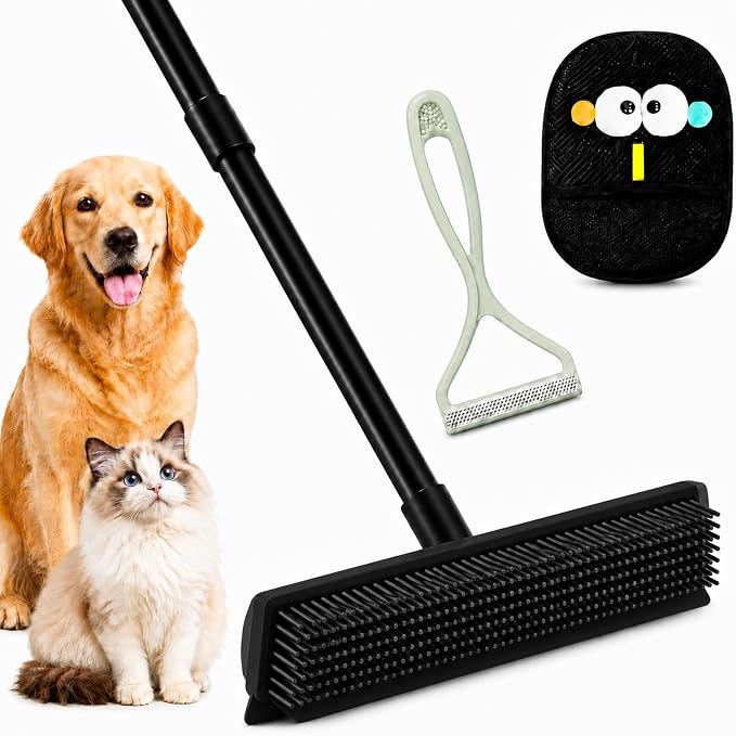 GOOGO Pet Hair Removal Tool Kit, 3 in 1 Carpet Rake Set with Black Long Handle Brush, Mint Green Scraper and Scalable Pet Broom Glove for Carpets, Couches and Cars