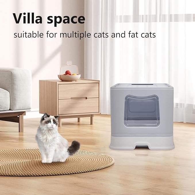 XL Foldable Cat Litter Box with Lid - Jumbo Enclosed Potty - Top Entry Anti-Splashing Toilet - Includes Scoop & 2-in-1 Cleaning Brush (Grey)