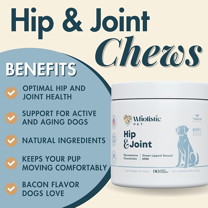 Wholistic Pet Hip & Joint Supplement for Dogs - MSM, Glucosamine, Chondroitin for Dogs - Dog Joint Supplement for Support & Relief from Discomfort - Bacon - 90 Mobility Chews