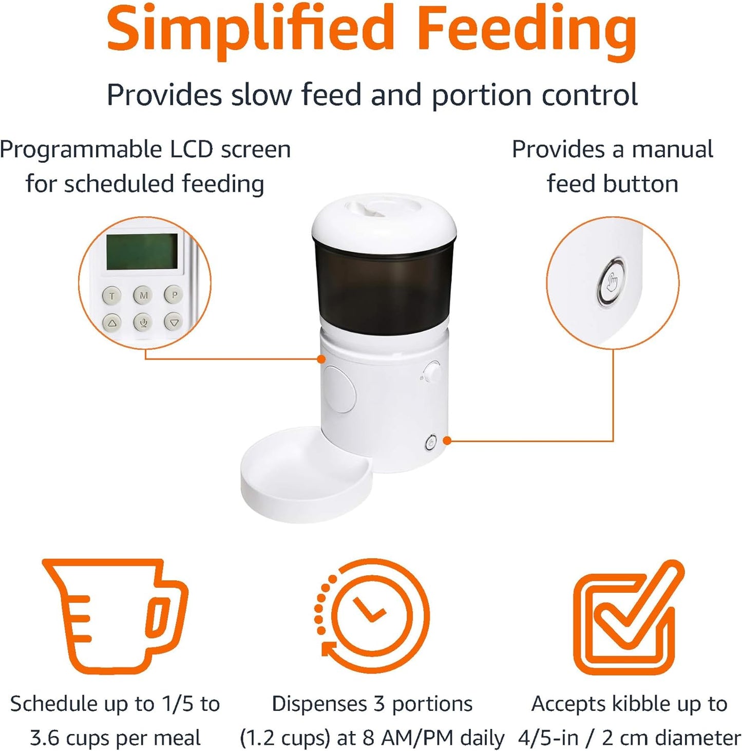 Amazon Basics Automatic Feeder for Cats and Dogs with Speed & Portion Control, 4L Capacity, White