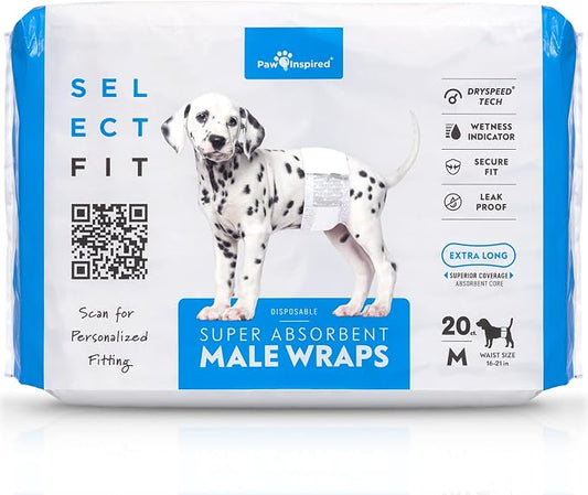 Paw Inspired Select Fit Male Dog Diapers, Disposable Male Wraps with Wetness Indicator| Belly Bands for Small, Medium, Large Dogs (Medium, 20 Count)