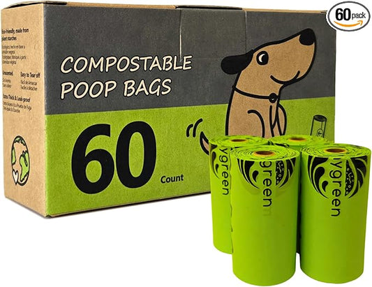 60 Count Compostable Dog Poop Bags, Extra Thick, Leak Proof, Unscented, Eco-Friendly, 9 x 13 Inches