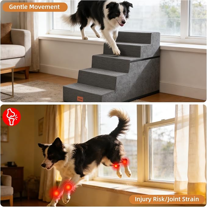 Dog Stairs for Large Dog, 22.5" H, 5-Step Pet Steps for High Bed Couch Sofa and Chair, Non-Slip Pet Ramp for Injured & Senior Pets with Washable Cover and Durable High Density Foam, Grey