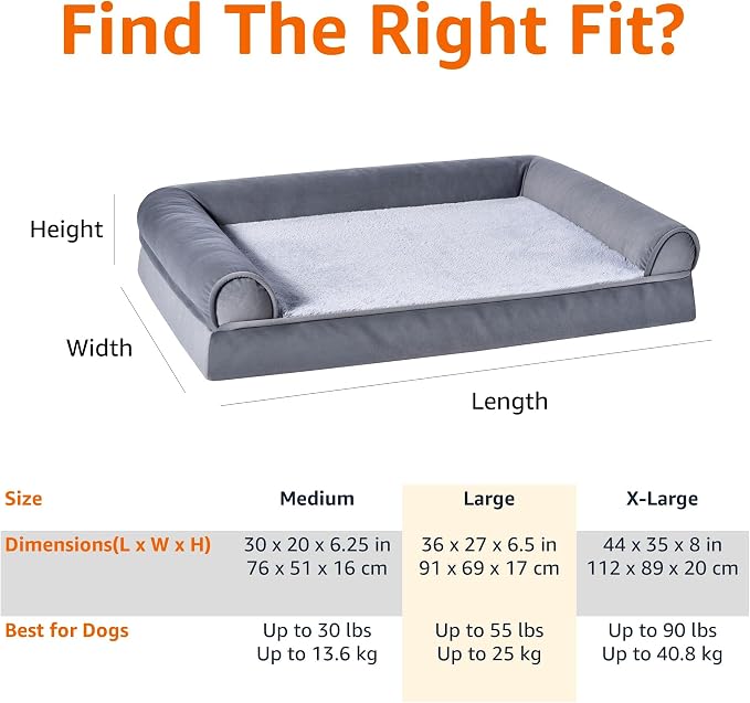 Amazon Basics Living Room Couch Dog Bed with Premium Foam, Non-Slip Bottom, Removable Washable Cover, Pressure-Relief Support for Dogs up to 55lbs, Large (36" x 27"), Grey